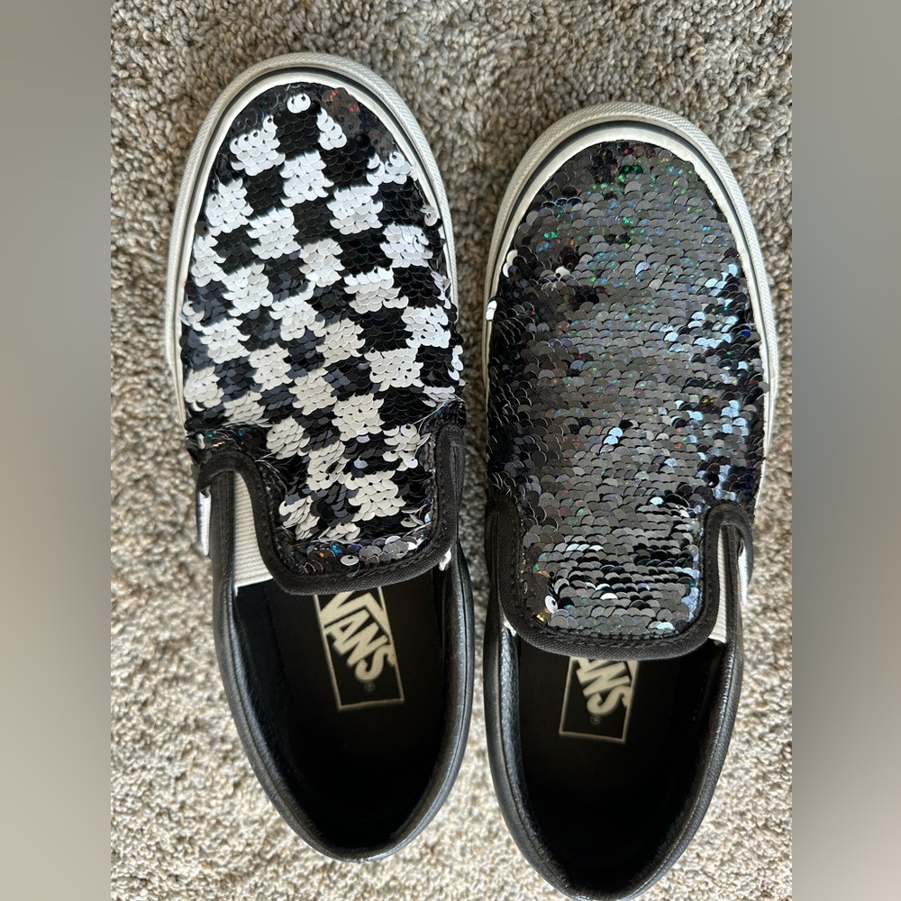 Women’s size 7 “flip sequins” checkered Vans slip ons